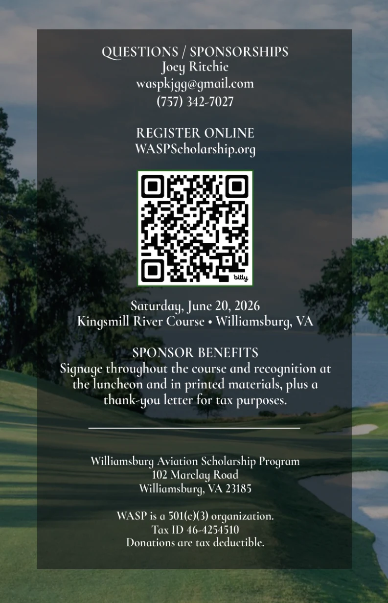 Contact and registration: questions/sponsorships Joey Ritchie (waspkjgg@gmail.com, 757-342-7027). Register online at WASPScholarship.org or scan the QR code. Tax ID 46-4254510 — WASP is a 501(c)(3) organization.