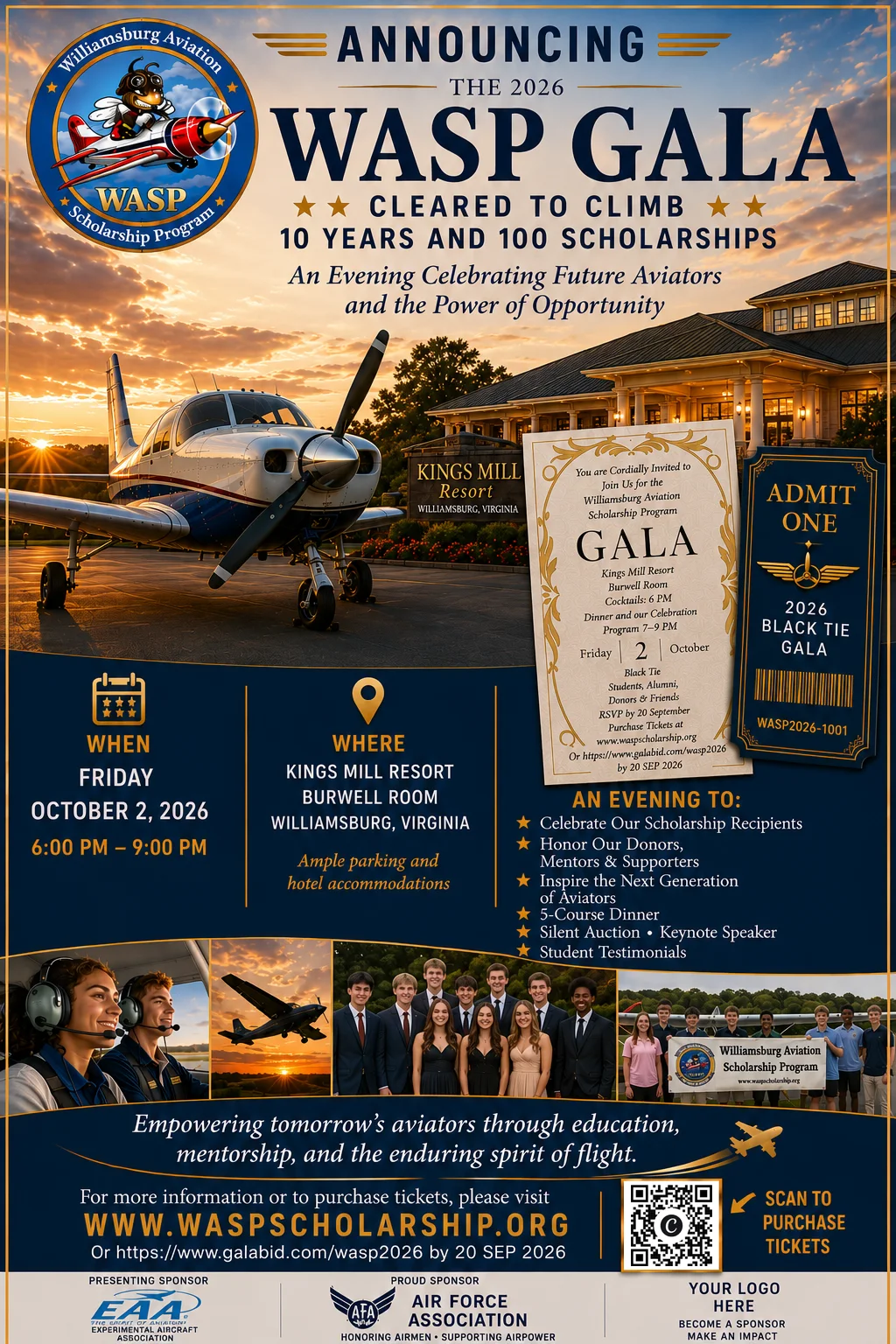 2026 WASP Gala flyer, page 1 — 'Cleared to Climb: 10 Years and 100 Scholarships.' Friday, October 2, 2026, 6:00–9:00 PM at Kingsmill Resort, Burwell Room, Williamsburg, Virginia. Black tie. An evening to celebrate scholarship recipients, honor donors and mentors, and inspire the next generation of aviators, with a 5-course dinner, silent auction, keynote speaker, and student testimonials. RSVP by September 20, 2026 at galabid.com/wasp2026 or scan the QR code. Presenting sponsor EAA; proud sponsor Air Force Association.