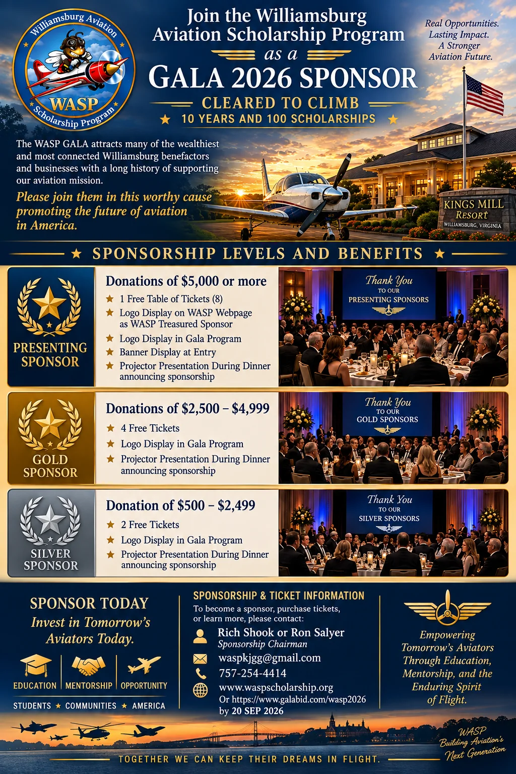 2026 WASP Gala flyer, page 2 — Join the Williamsburg Aviation Scholarship Program as a Gala 2026 Sponsor. Sponsorship levels and benefits: Presenting Sponsor ($5,000 or more) receives a free table of 8 tickets, logo display on the WASP webpage as a Treasured Sponsor, logo in the gala program, banner display at entry, and projector recognition during dinner. Gold Sponsor ($2,500–$4,999) receives 4 free tickets, logo in the gala program, and projector recognition. Silver Sponsor ($500–$2,499) receives 2 free tickets, logo in the gala program, and projector recognition. To sponsor or purchase tickets, contact Rich Shook or Ron Salyer, Sponsorship Chairmen, using the details printed on the flyer.