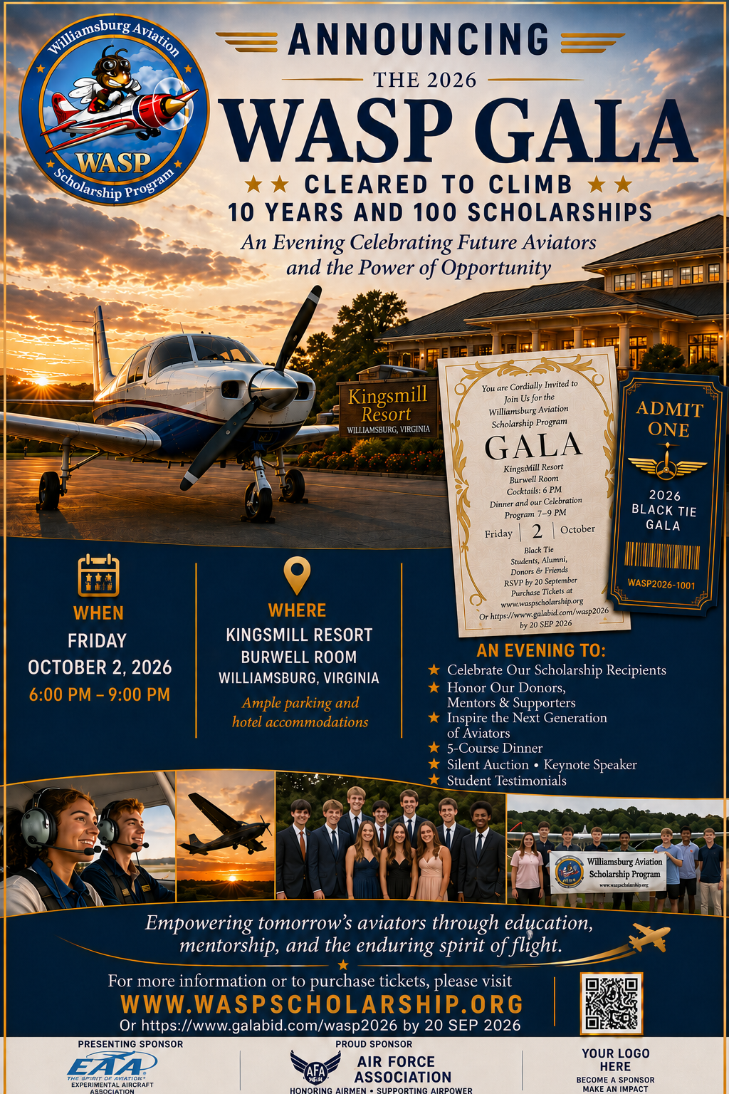 2026 WASP Gala flyer — 'Cleared to Climb: 10 Years and 100 Scholarships.' Friday, October 2, 2026, 6:00–9:00 PM at Kingsmill Resort, Burwell Room, Williamsburg, Virginia. Black tie. An evening to celebrate scholarship recipients, honor donors and mentors, and inspire the next generation of aviators, with a 5-course dinner, silent auction, keynote speaker, and student testimonials. RSVP by September 20, 2026 at galabid.com/wasp2026. WASPScholarship.org.